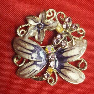 Purple Enamel and Rhinestone Butterfly Brooch Pin